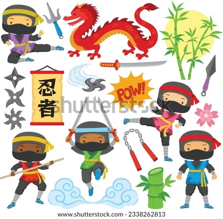 Ninja clipart set with ninja kids in different poses, and relevant icons of martial art, Japan and China. The Japanese text in the paper scroll says “Ninja”.