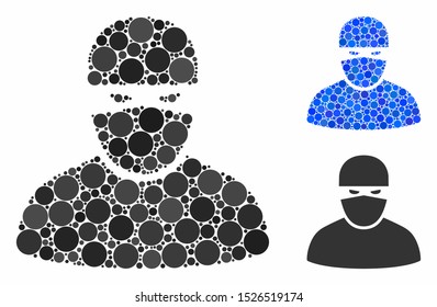 Ninja composition for ninja icon of round dots in different sizes and color tints. Vector round dots are grouped into blue mosaic. Dotted ninja icon in usual and blue versions.