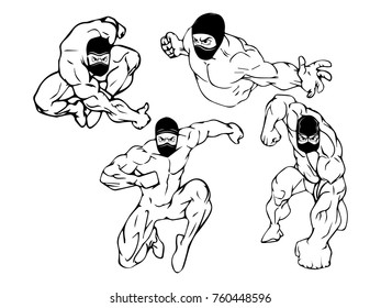 Ninja Contour set. Vector silhouettes of warriors ninja in motion.