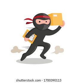 ninja courier express delivery service mascot, man wear ninja costume carrying package to customer cartoon illustration vector isolated in white background