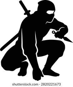 Ninja, crouching, sword, dagger, stealth, combat, ready, assassin, skilled, danger.