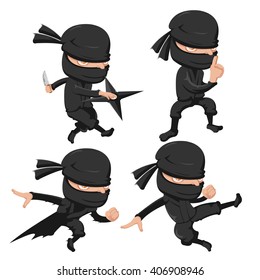 Ninja Cute Character Cartoon Set Vector