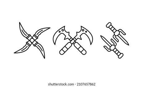 Ninja dagger tool and crossed blade icon set. Crossed blade flying through the air special collection linear icon set. Download creative war encounter related vector. white background.