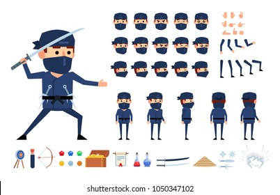 Ninja in dark suit creation kit. Create your own pose, action, animation. Various emotions, gestures, design elements. Flat design vector illustration