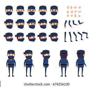 Ninja in dark suit creation set. Various gestures, emotions, diverse poses, views. Create your own pose, animation. Flat style vector illustration