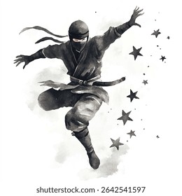 A ninja, depicted in a dynamic leap, is rendered in grayscale watercolor style. The ninja is in mid-air, with arms outstretched, and a flowing cloak.