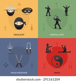 Ninja design concept set with suit weapon and martial arts flat icons isolated vector illustration
