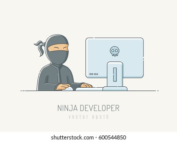 Ninja Developer Working On Computer Vector Illustration In Scribble Linework Style