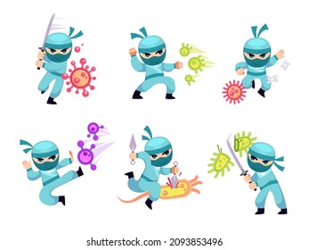 Ninja doctor fight virus. Medical character against microbes. Health worker combat defense. Warrior cuts bacteria with sword and throws shurikens. Vector set of men in protective costume