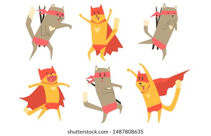 Ninja Dog and Cat Characters Set, Funny Superhero Animals Vector Illustration
