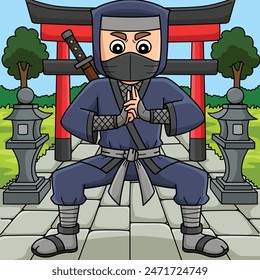 Ninja doing Hand Seals Colored Cartoon 