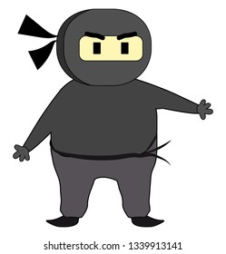 Un ninja vestido de gris de la cabeza a los pies con sólo ojos visibles está listo para poner en el dibujo de color del vector de lucha o ilustración 