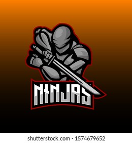 ninja e sports logo design. vector illustration of attacking ninja hold sword