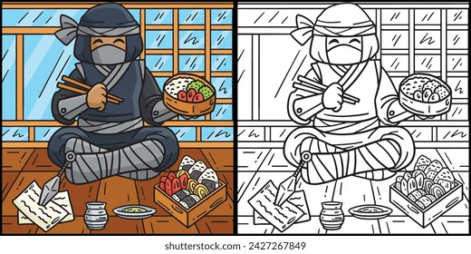Ninja Eating Bento Coloring Page Illustration