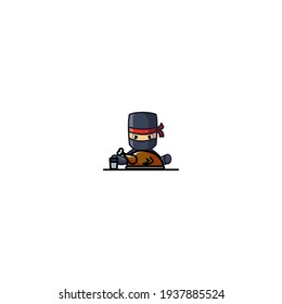 Ninja Eating Cartoon Character Design Vector Illustration. With Cute, Funny, And Fun Cartoon. 