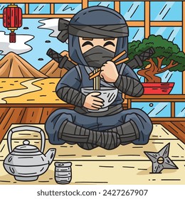 Ninja Eating Ramen Colored Cartoon Illustration
