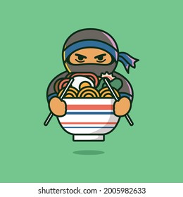 

Ninja eating ramen vector illustration in flat cartoon. Ramen in bowl icon