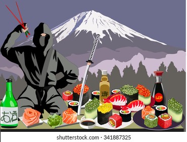 Ninja eating sushi with Mount Fuji on a background, vector illustration