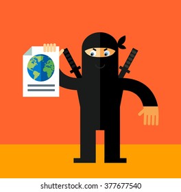 Ninja engaged in a global search. Flat style vector illustration. Ninja in black mask's clothes