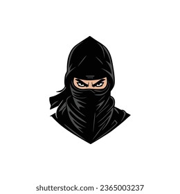 Ninja face logo vector of Shinobi mascot symbol, assassin samurai head silhouette icon clipart. isolated on white background.