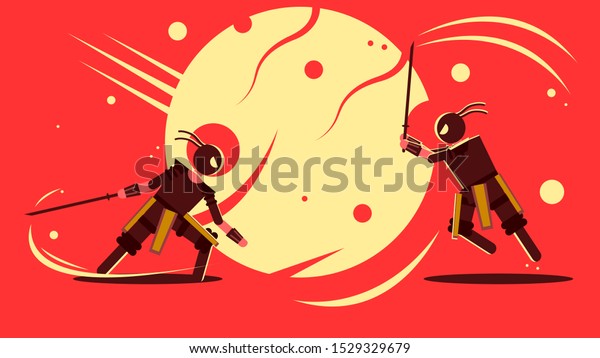 Ninja Fight Against Ninja On Red Background With Moon And Circles