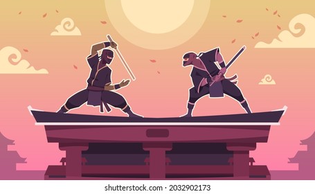 Ninja Fight. Cartoon Scene With Ancient Japanese Warriors In Black Kimono With Swords. Shinobi Duel. Assassins Standing In Combat Positions On Building Roof. Vector Fighting Game Screen