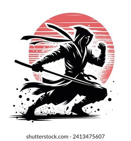 ninja fighter silhouette japanese style vector