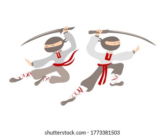 Ninja in einer Kampfhaltung mit einem Katana Schwert Vektorgrafik Weißen isolierten Hintergrund Ninja in belarussischen slowenischen Kleidung Cartoon Stil Symbol des Volkes, Humor. Wahlen