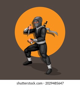 Ninja Figur Charakter Handlung stellen sich, hält kunai. Ninja, japanische Kulturgrafik, Vektorgrafik