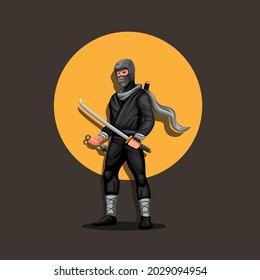 Personaje de figura Ninja de pie con puesta de sol en segundo plano. vector de ilustración de mascota de la cultura ninja japonesa