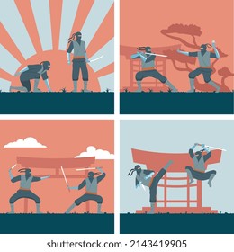 Ninja flat 2x2 design concept set with fighting japanese warriors isolated vector illustration