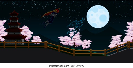 Ninja Flying Black and Red Cape in Japan Night Background with fence, pink trees, moon and sky Cartoon Vector