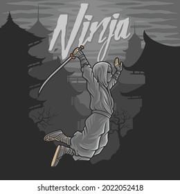 ninja flying with sword and background old building in chinese