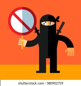 Ninja with forbidden sign. Flat style vector illustration. Ninja in black mask's clothes