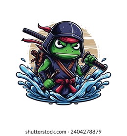 NINJA FROG ILLUSTRATION VECTOR IN BLUE, GREEN, BROWN, RED, WHITE AND BLACK WITH WHITE BACKGROUND