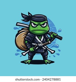 NINJA FROG ILLUSTRATION VECTOR IN BLUE, GREEN, BROWN, WHITE AND BLACK WITH SKY BLUE BACKGROUND