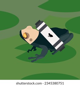 a ninja frog that seems to be monitoring something, on a lotus leaf in the swamp waters.