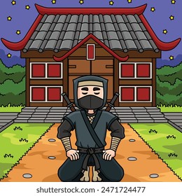 Ninja In Front of a Ninja House Colored Cartoon 