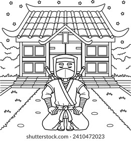 Ninja In Front of a Ninja House Coloring Page 