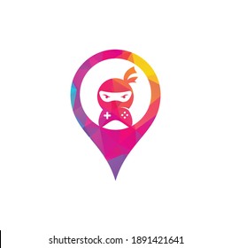 Diseño del logotipo del concepto de la forma del alfiler del mapa de juegos Ninja. Vectores de material para imágenes con logotipo de juegos Ninja. Icono de diseño del logotipo del teclado de juego Ninja