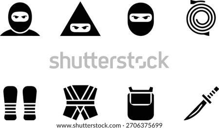 Ninja gear and accessories collection black and white vector graphics