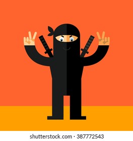 Ninja gesturing victory. Flat style vector illustration. Ninja in black mask's clothes