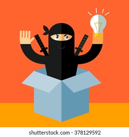 Ninja get the idea holding bulb thinking outside the box. Flat style vector illustration. Ninja in black mask's clothes