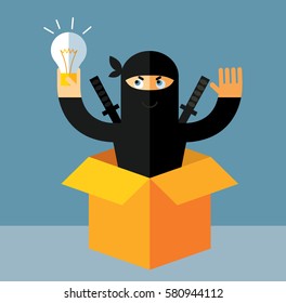 Ninja get the idea holding bulb thinking outside the box. Flat style vector illustration. Ninja in black mask's clothes