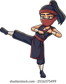 Menina Ninja realizando uma ilustração de vetor chute alto