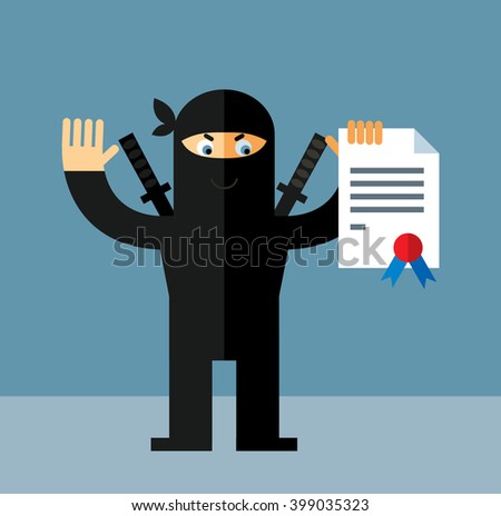 Ninja with graduation diploma. Flat style vector illustration. Ninja in black mask's clothes