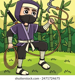 Ninja with a Grappling Hook Colored Cartoon 