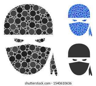 Ninja head composition of round dots in various sizes and shades, based on ninja head icon. Vector round dots are composed into blue illustration. Dotted ninja head icon in usual and blue versions.