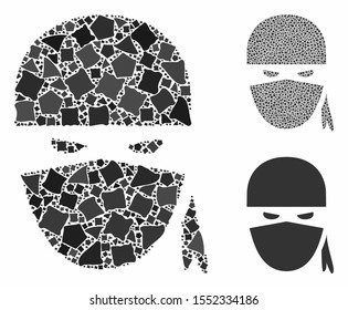 Ninja head mosaic of trembly items in variable sizes and shades, based on ninja head icon. Vector rugged items are united into mosaic. Ninja head icons collage with dotted pattern.