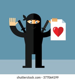 Ninja with heart icon. Flat style vector illustration. Ninja in black mask's clothes